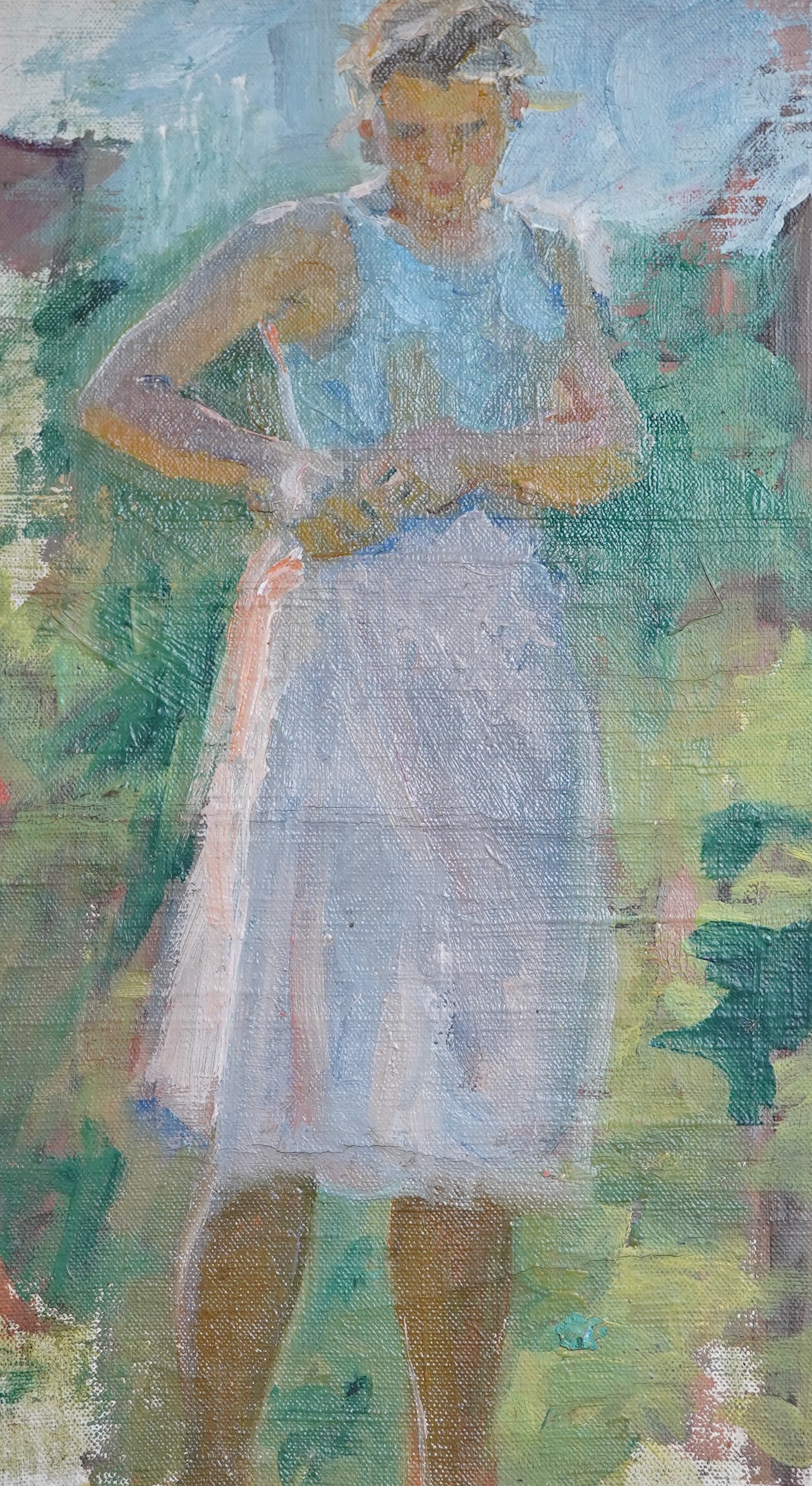 Modern British, oil on canvas board, Full length study of standing woman, 32 x 18cm. Condition - fair